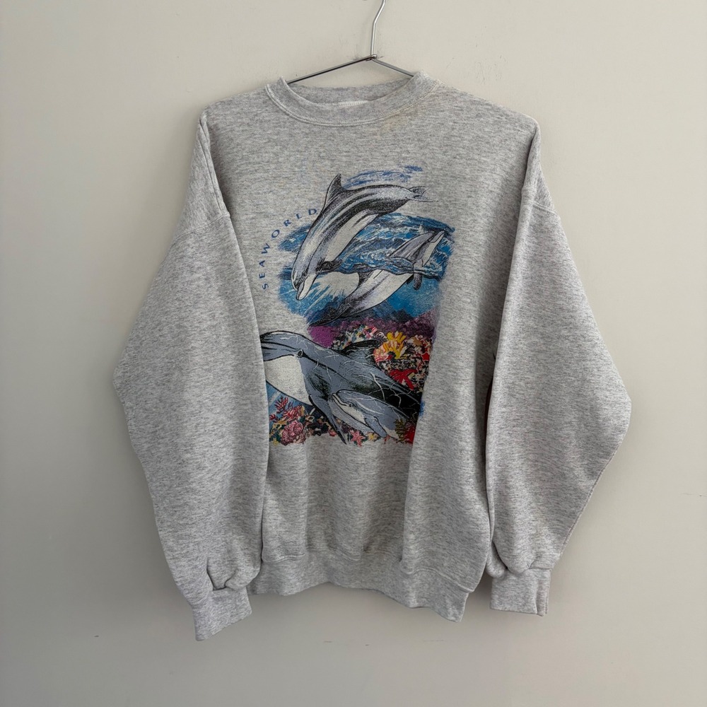 Vintage SeaWorld Dolphin Graphic Sweatshirt Tultex Grey Large 90s Nature
